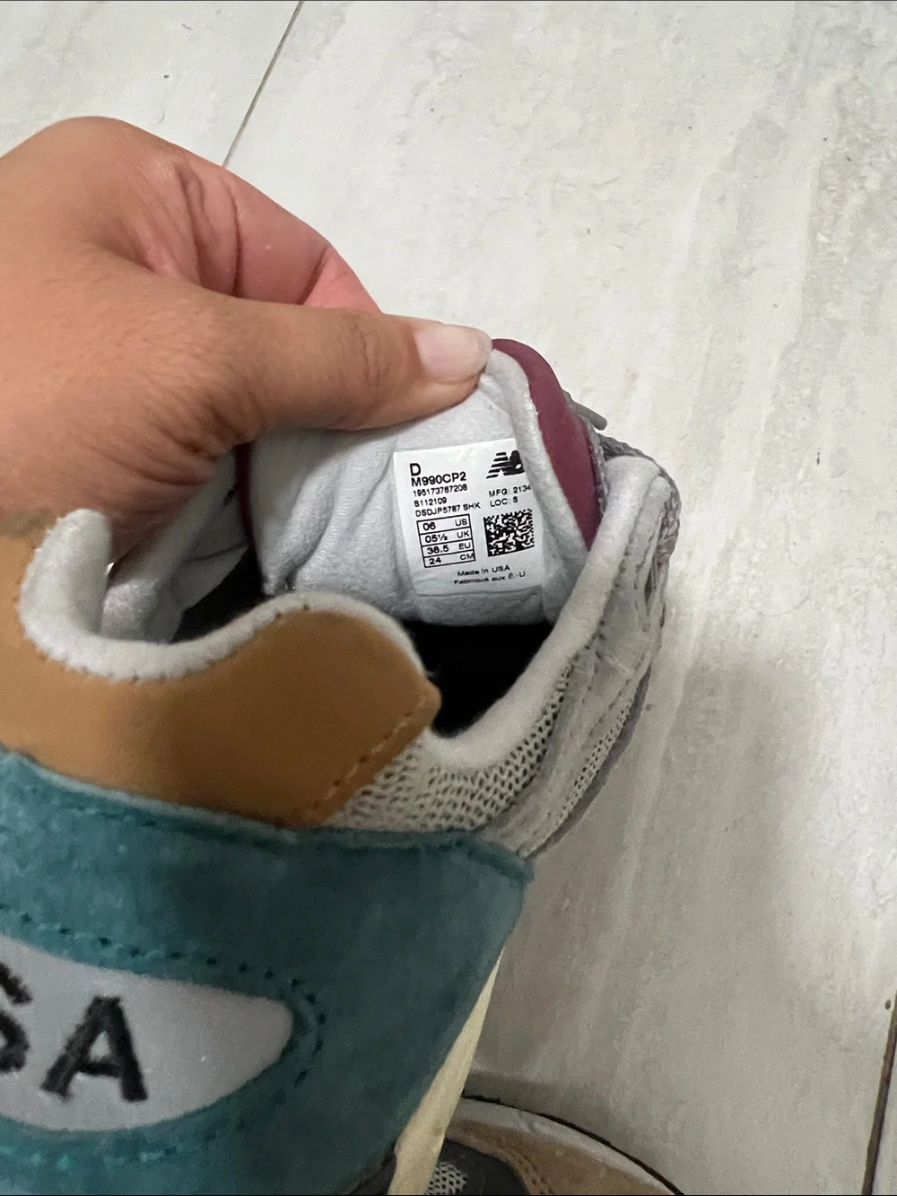 New Balance 990 Gray, Teal and Burgundy Sneakers